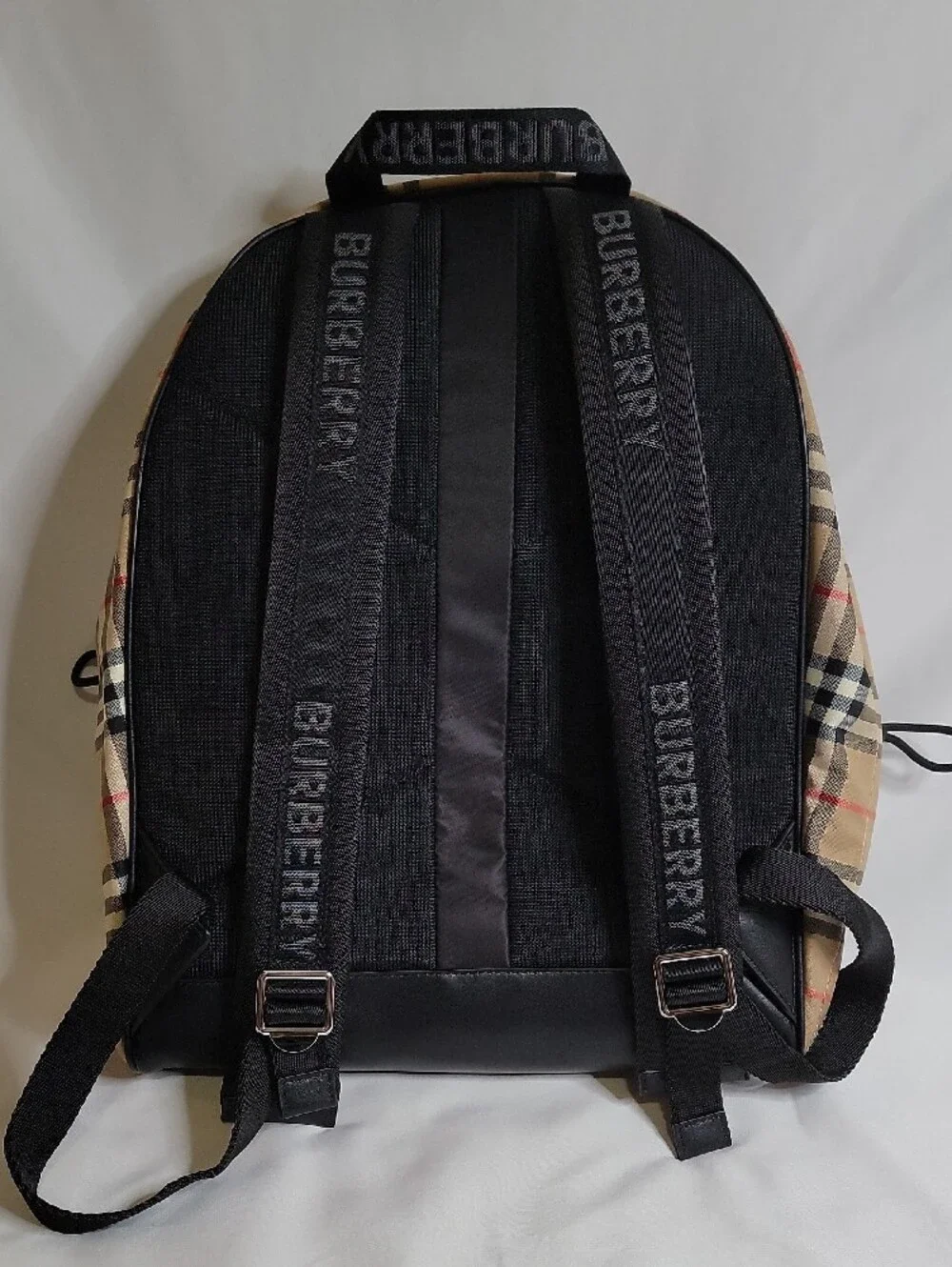 Burberry Beige Plaid Backpack with Black & Red Accents